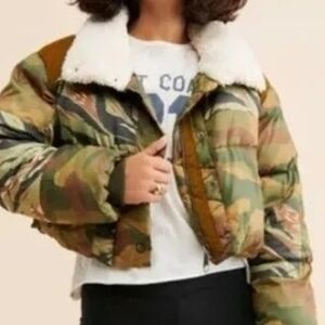 Free People Camouflage Puffer Jacket with Shearling Collar